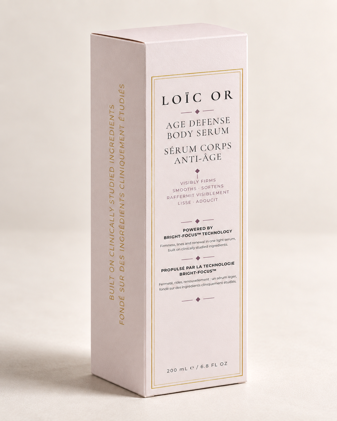 Loïc Or Age Defense body serum, updated pink 200 mL carton.