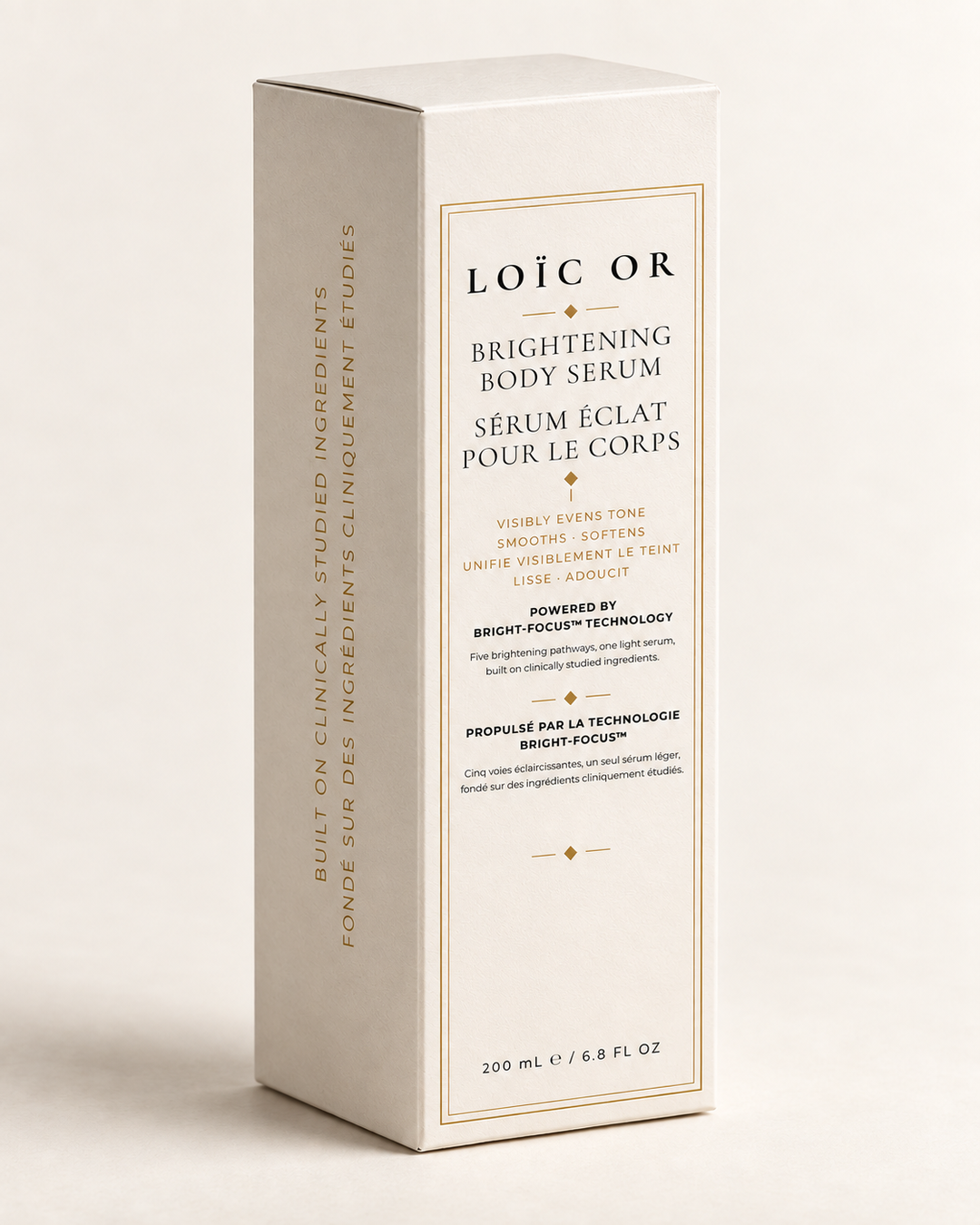 Loïc Or Brightening body serum, updated beige 200 mL carton.