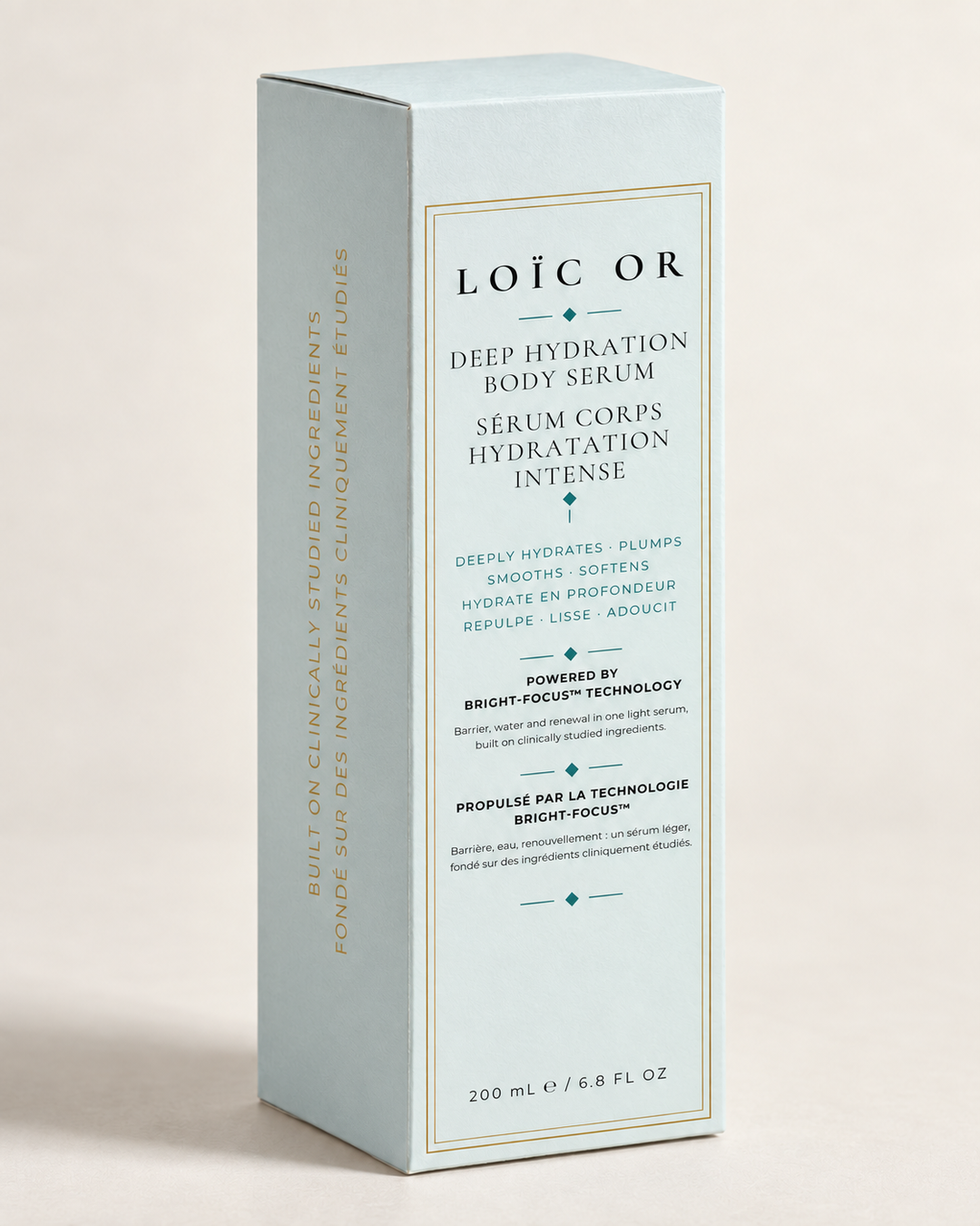 Loïc Or Deep Hydration body serum, updated blue 200 mL carton.